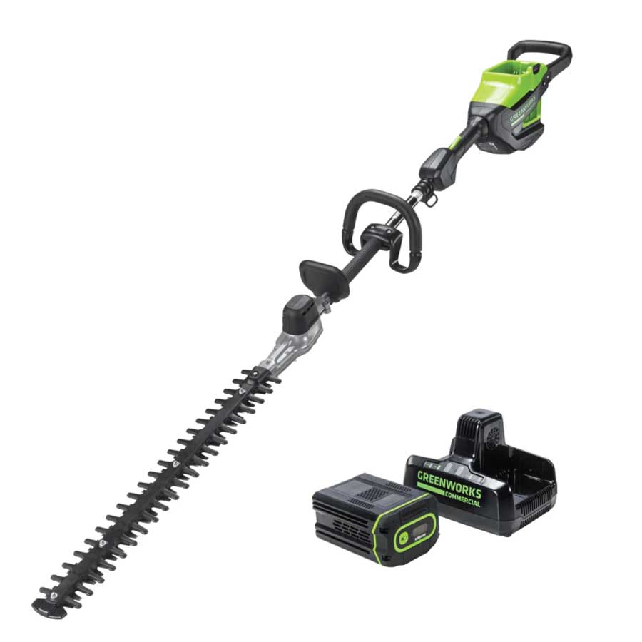 Greenworks 82V Short Pole Hedge Trimmer with 2.5 Ah Battery and Dual Port Charger